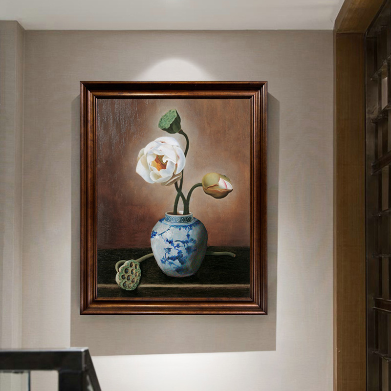 u作【莲花】手工油画中古风新中式古典玄关客厅餐厅荷花