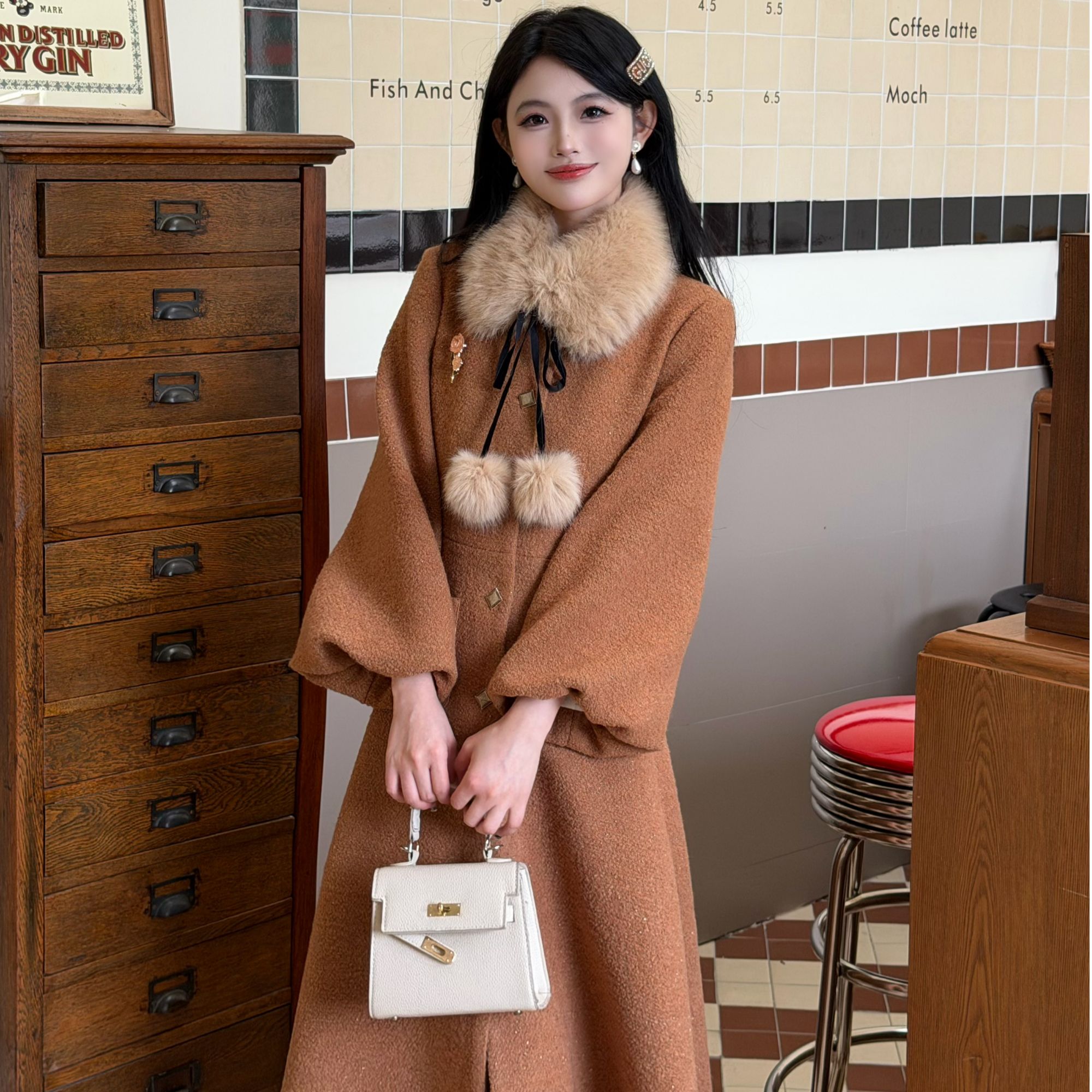 小八定制25秋冬新款韩版时尚小香风洋气中长款毛呢外套 10699 BDJ