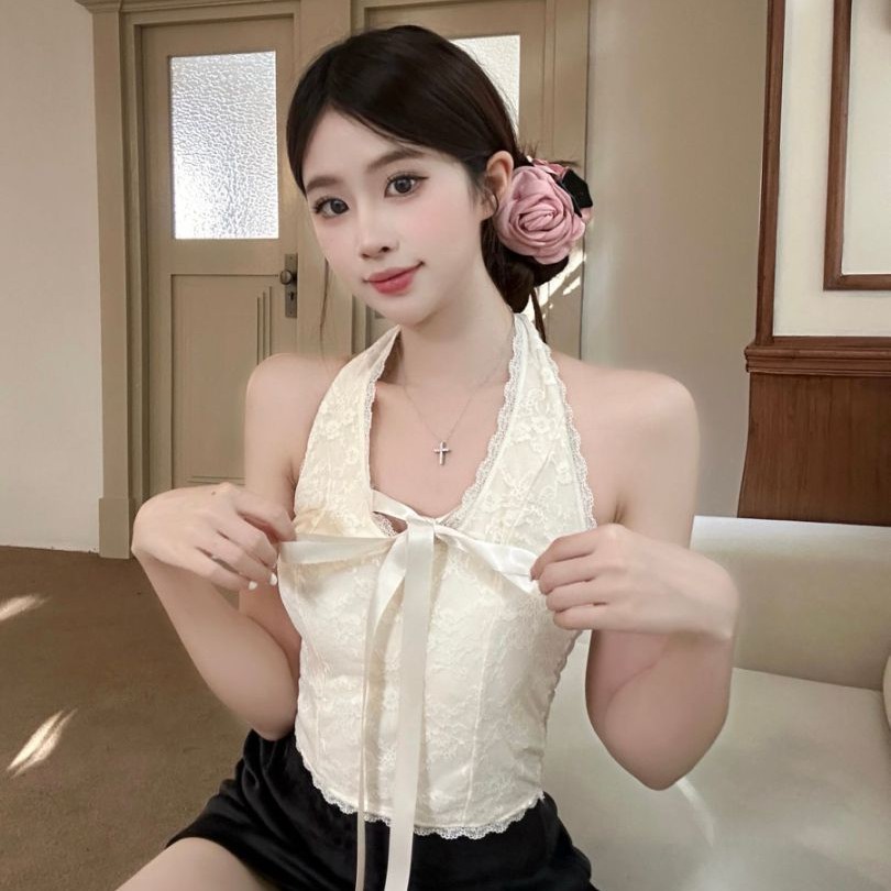夏季新款蝴蝶结v领蕾丝吊带背心女夏甜辣妹性感挂脖抹胸绝美上衣