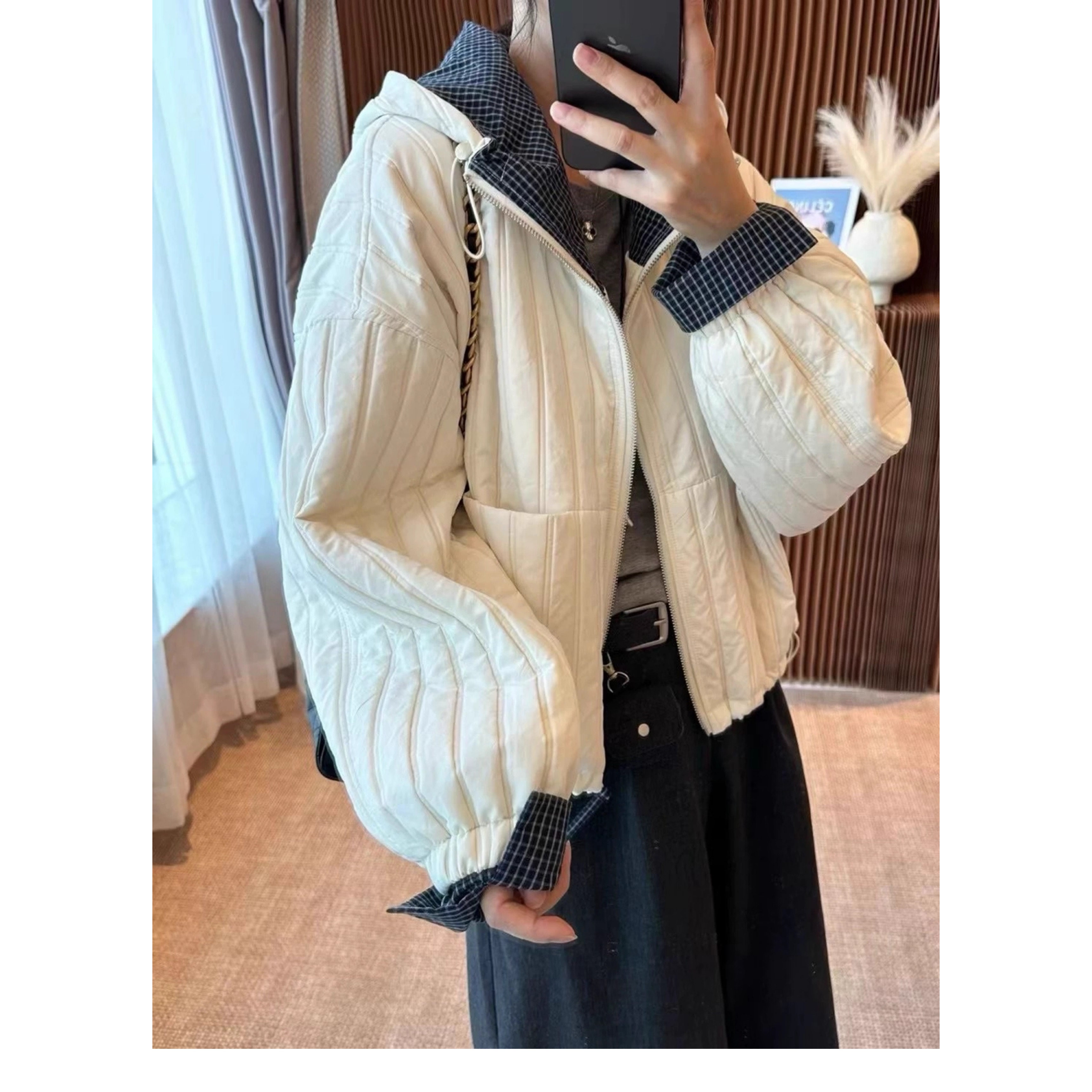 连帽夹棉短外套女格子拼接二棉夹克2025秋季新款轻薄棉服薄款棉衣