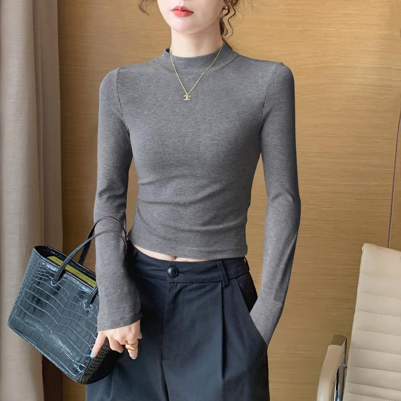 HTKD短款半高领打底衫女内搭春秋季2025新款修身紧身洋气高腰露脐