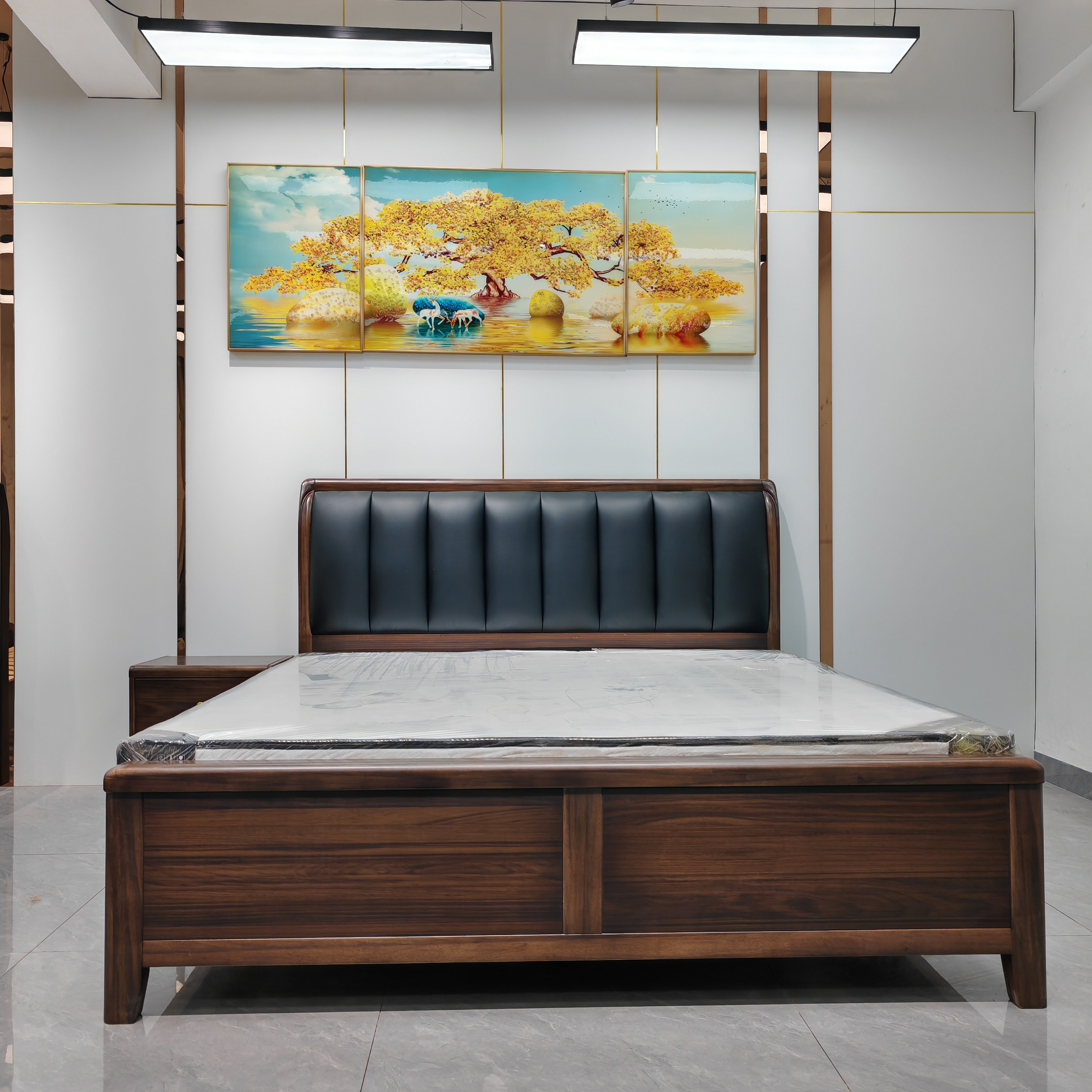 【钢琴键】乌金木头层牛皮主卧大床新中式简约轻奢主卧室实木软包床