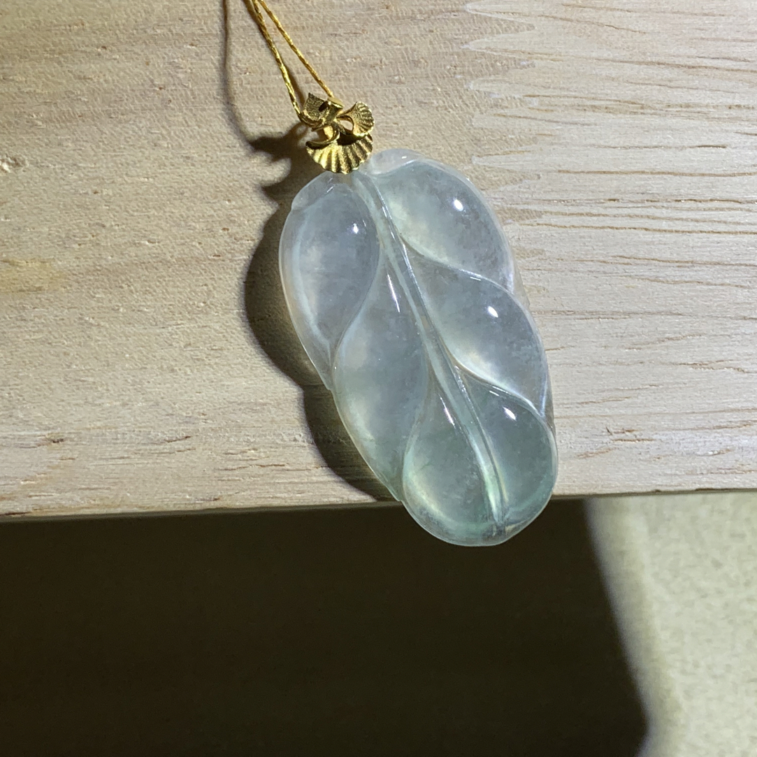 天然缅甸翡翠A货 18k金镶嵌冰种起金枝玉叶 36.7×18×3.6