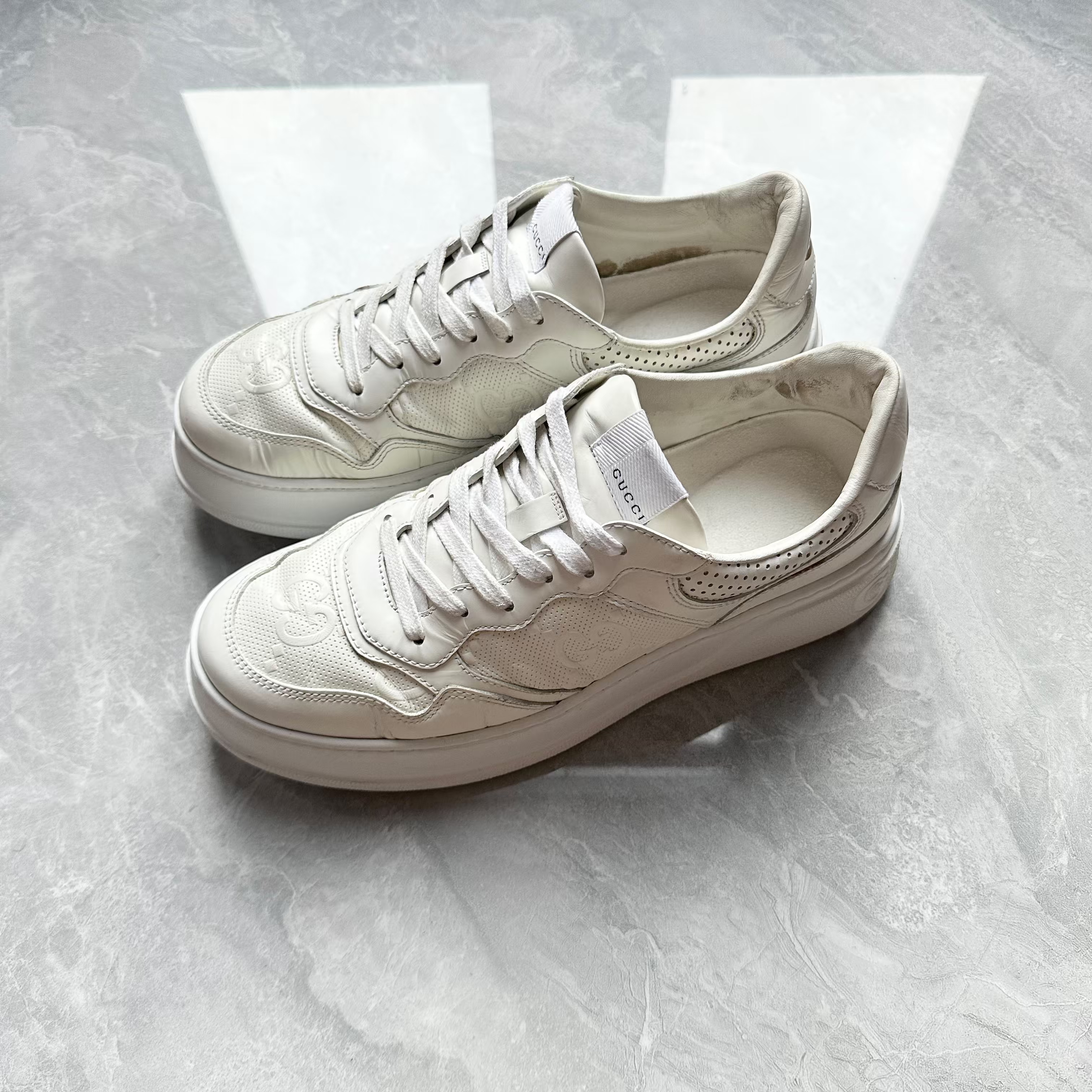95新 GUCCI/古驰 42.5码/经典款双G纯白低帮饼干鞋/原盒配新鞋垫