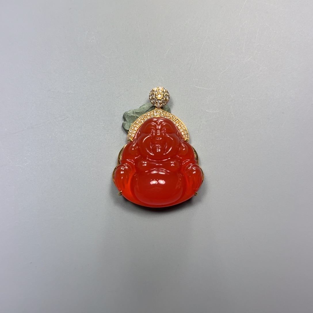 南红玛瑙冰红佛公吊坠小庄18K金镶嵌