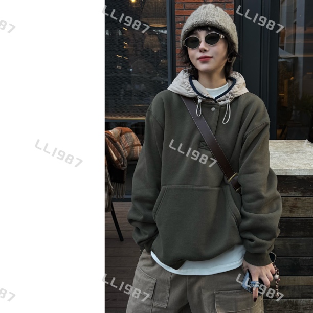 HY罗罗【连帽包边】秋冬撞色情侣宽松休闲领口猪鼻扣加绒卫衣L467