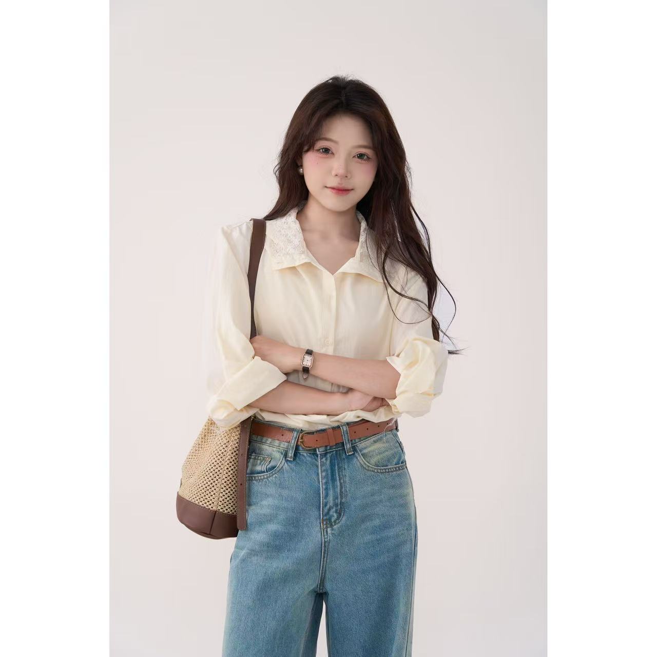 花田橱窗 春季新款蕾丝拼接衬衫小众时尚长袖宽松百搭INS风5166