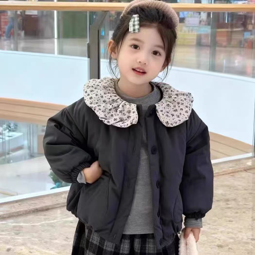 女童棉服冬款中小童宝宝韩版时髦棉袄儿童碎花娃娃领夹棉加厚外套