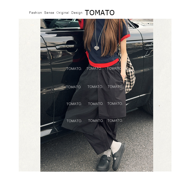 【TomaTo】玄花 夏季韩版设计遮肉假两件高腰拼接八分裤C25K050703