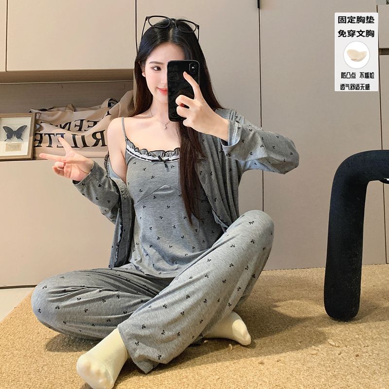 【带胸垫】秋季睡衣女莫代尔吊带外套长裤三件套甜美舒适家居服7272