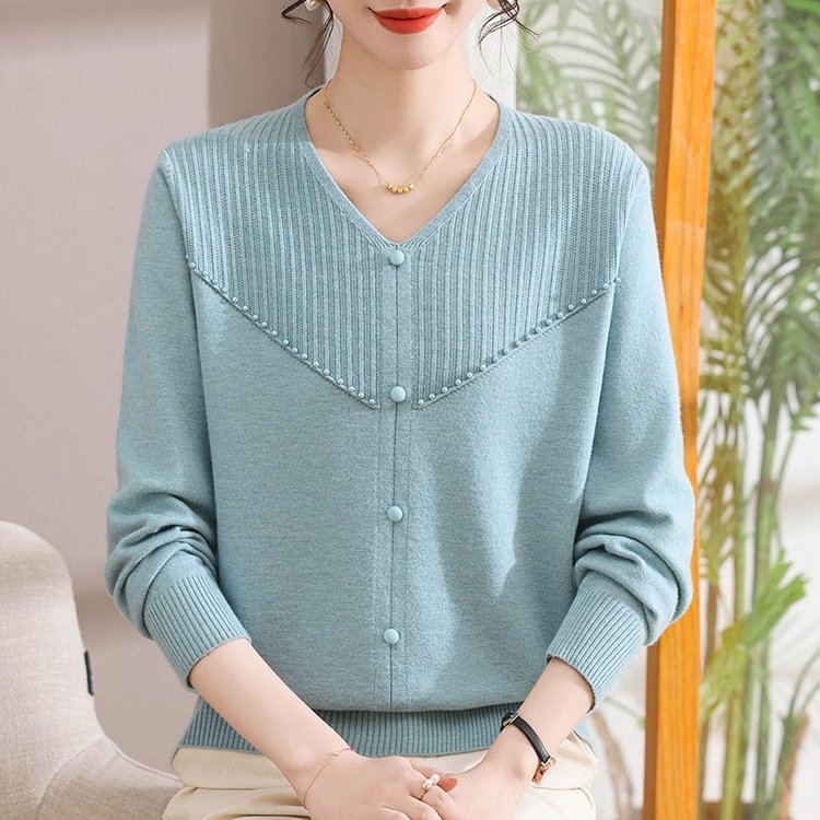 妈妈装新款V领简约宽松显瘦中年女百搭洋气百搭小衫8907