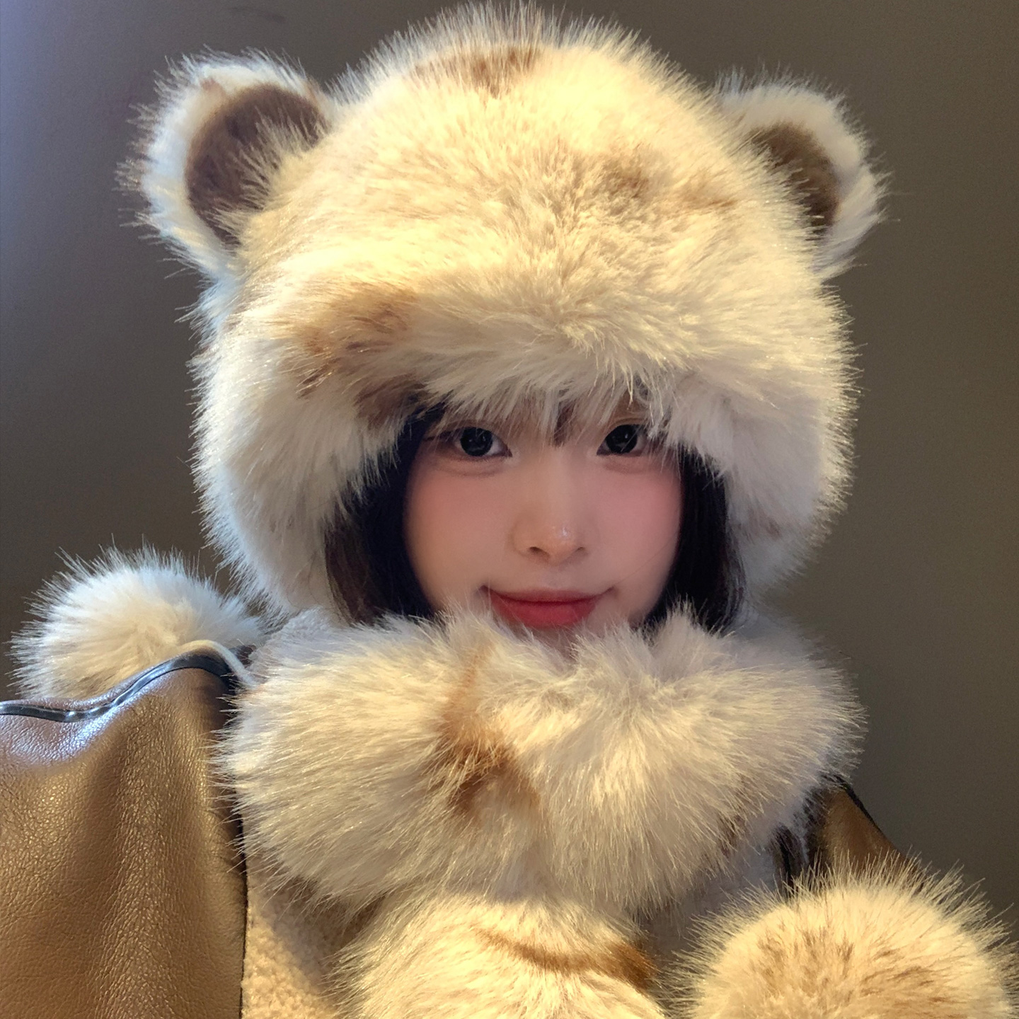 可爱小熊耳朵毛绒帽子围脖一体女冬季加绒加厚保暖防寒护耳雷锋帽