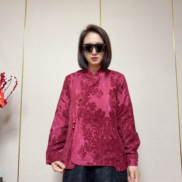 加厚提花斜襟盘扣立领长袖新中式国风复古民族风女装上衣13278