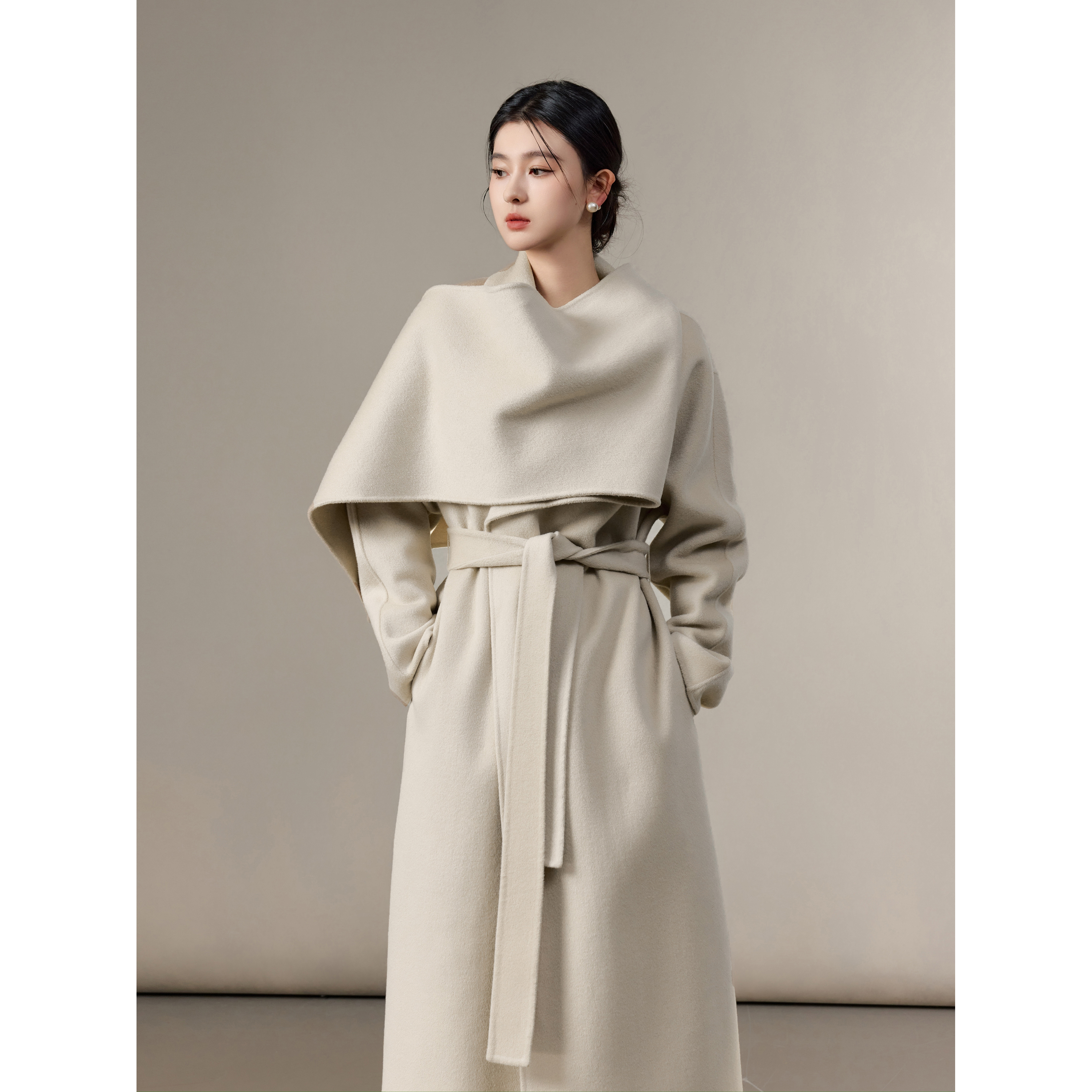 ZHISU｜设计感自带围巾款中长款羊绒羊毛大衣