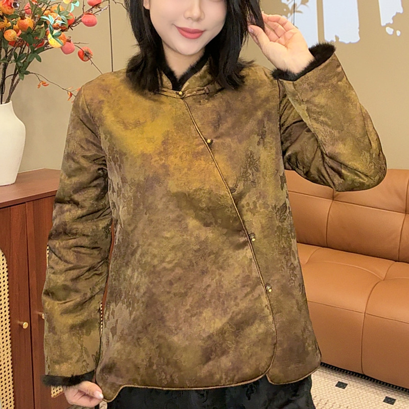 【锦轩阁】新款国风女夹棉复古斜襟貂毛新中式国风女装棉服6899