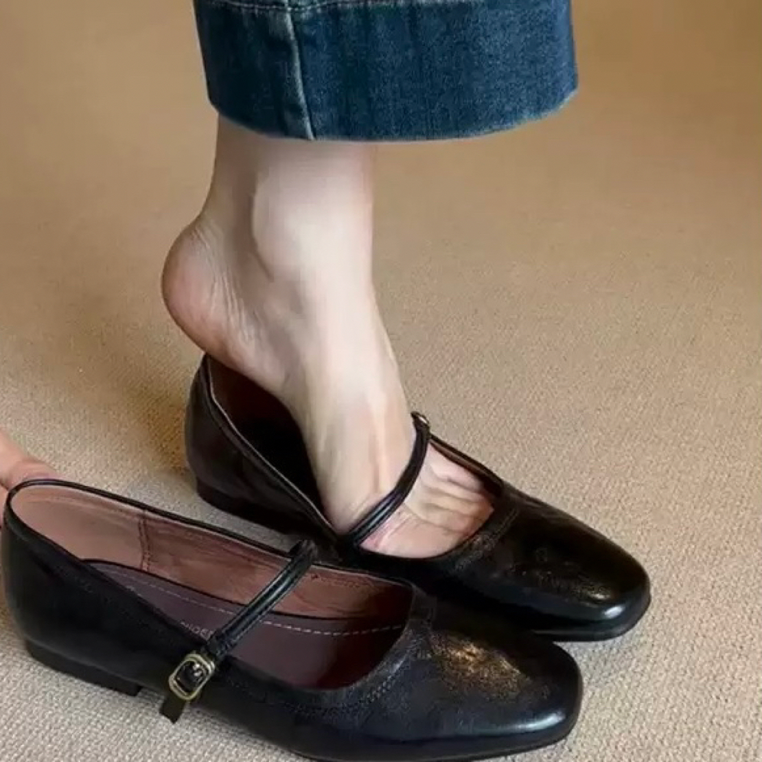 法式复古～一字扣带玛丽珍鞋女平底气质休闲风黑色浅口单鞋小皮鞋！