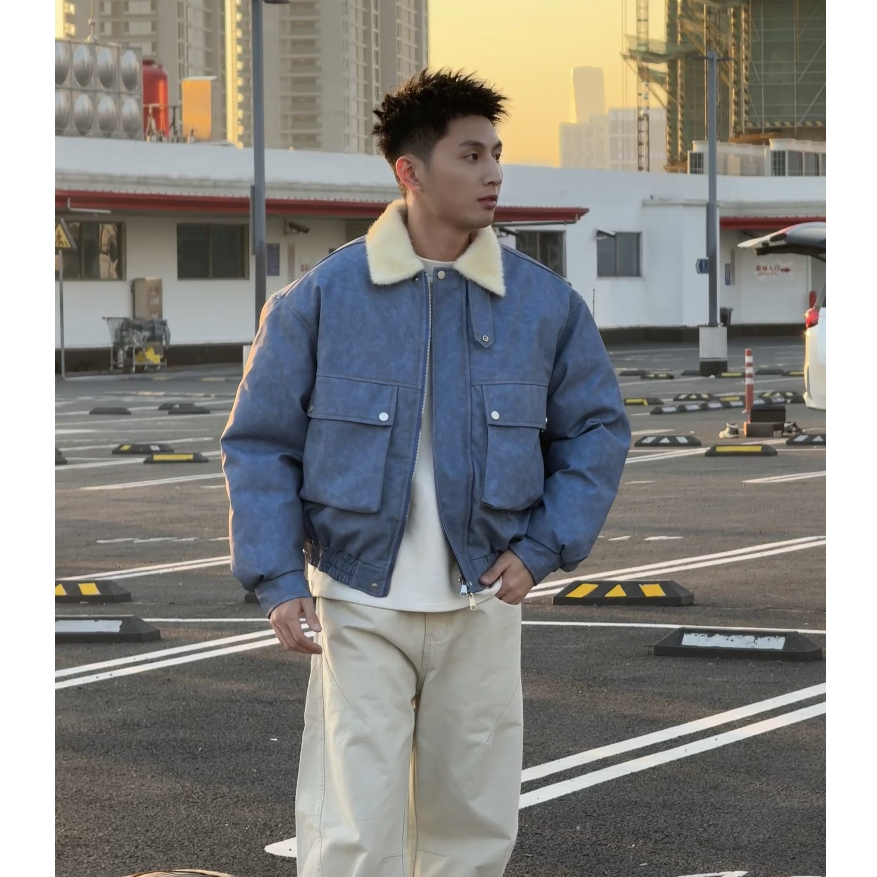 Aye冬季新款皮衣棉服立领厚款美式短款棉服毛领拼接长袖工装男士