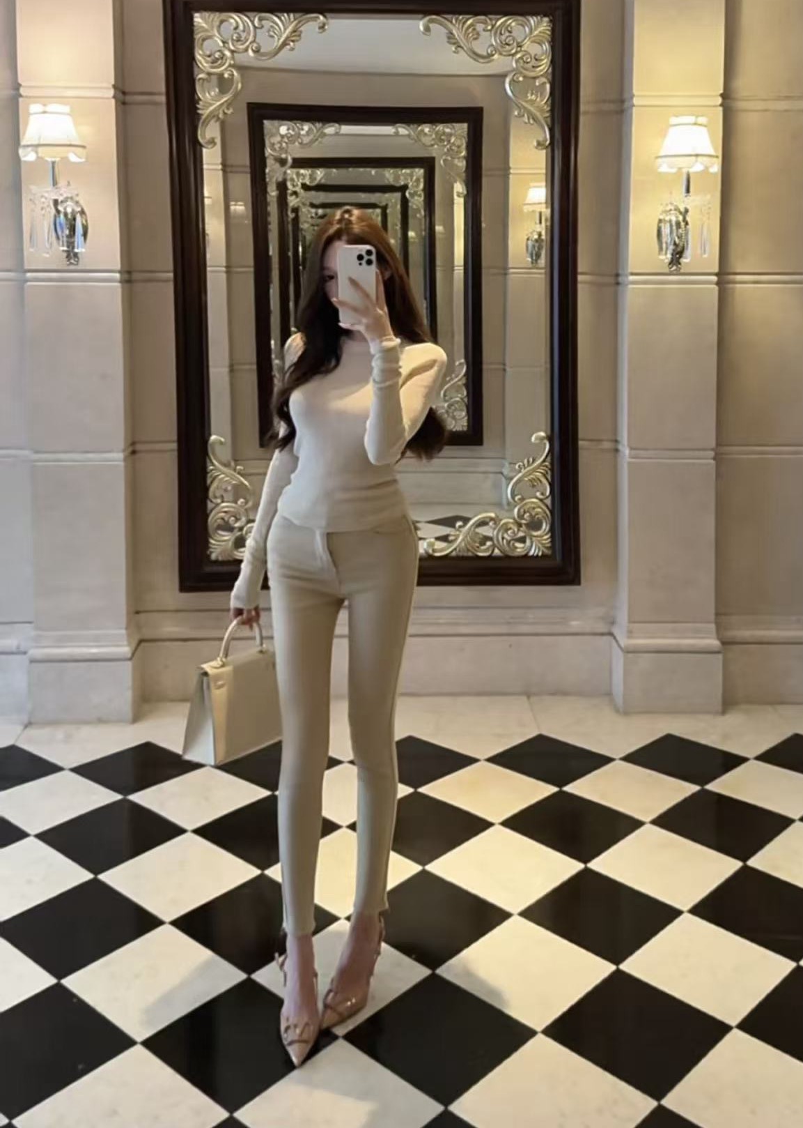 Hello熙熙【时髦韩女】奶茶色高腰显瘦显腿长紧身小脚裤新款