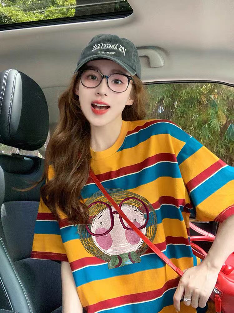 【原版纯棉高质量】条纹短袖t恤女2025新款夏季潮牌宽松显瘦上衣