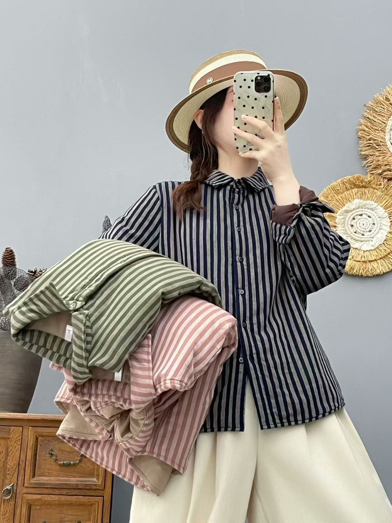 保暖条纹宽松冬季抗污耐脏衬衫韩版显瘦外套洋气女86587