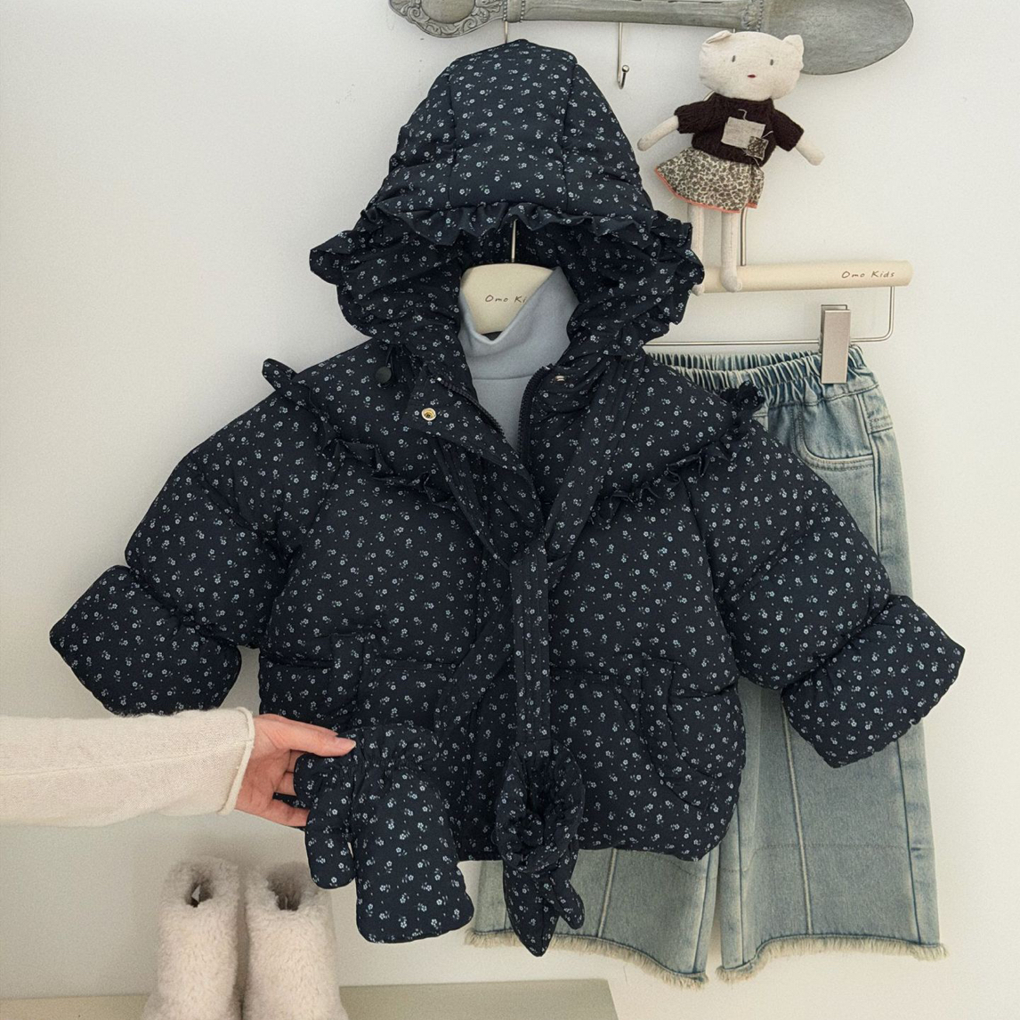 【KL】女童韩版保暖棉服25冬韩版花边百搭田园碎花手套防跑棉外套 