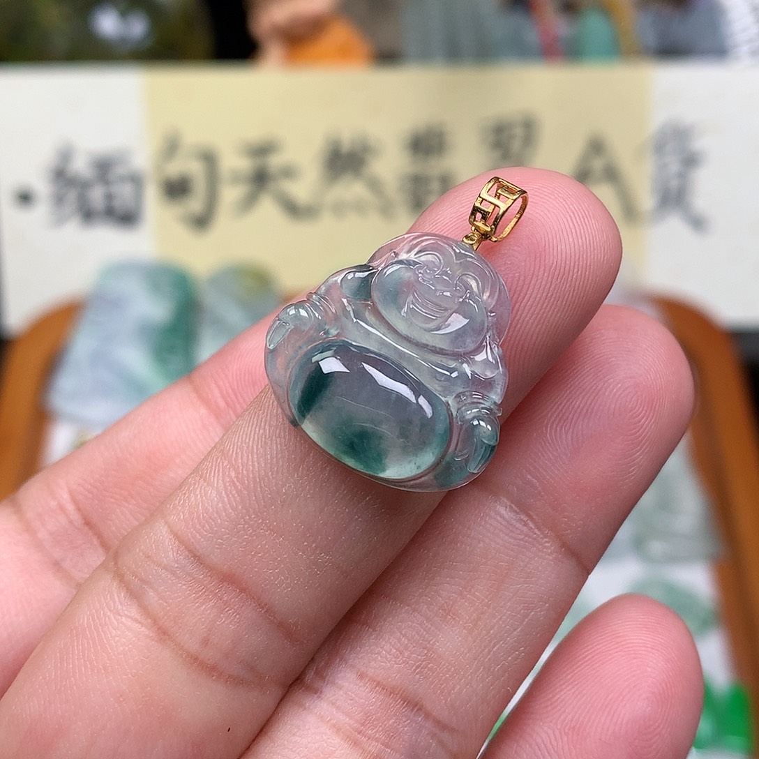 翡翠裸石18K金镶嵌缅甸天然A货翡翠冰种佛公