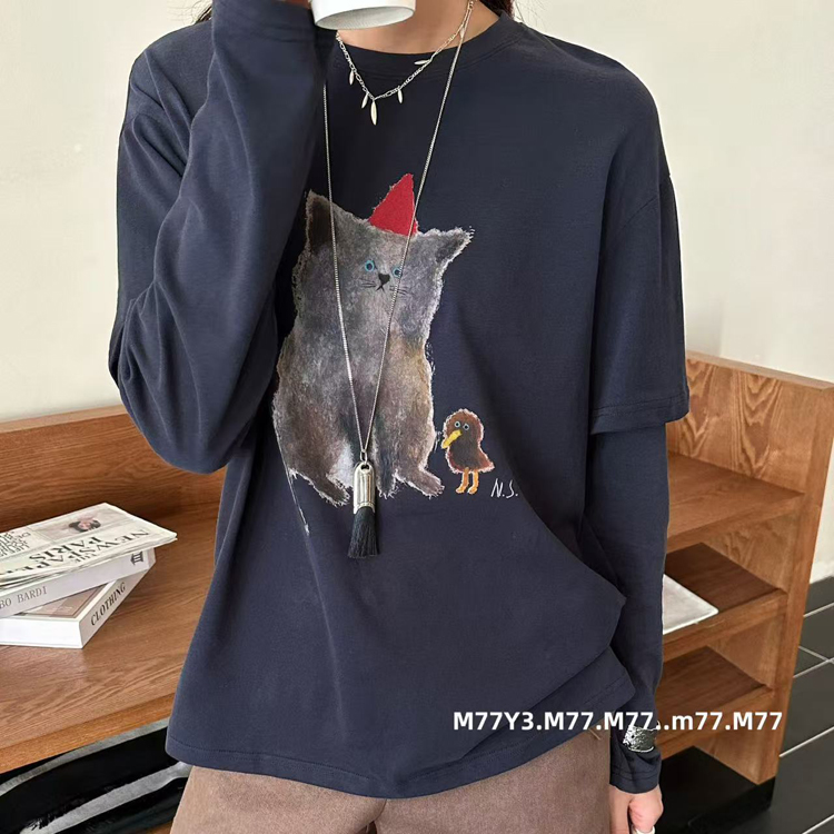 M77Y3正品99332卡通小猫印花T恤女2025秋圆领拼接袖宽松显瘦上衣