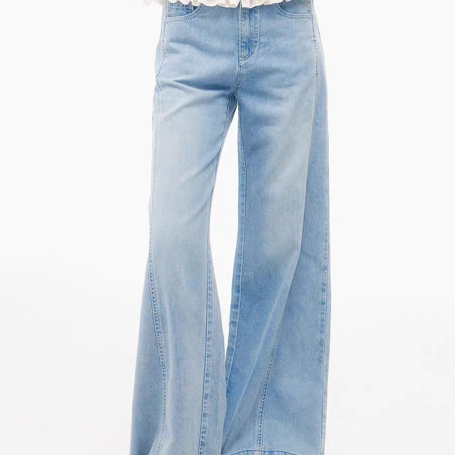 NO退NO换芭蕾风腰头蕾丝木耳边拼接浅蓝色水洗牛仔裤百搭阔腿裤