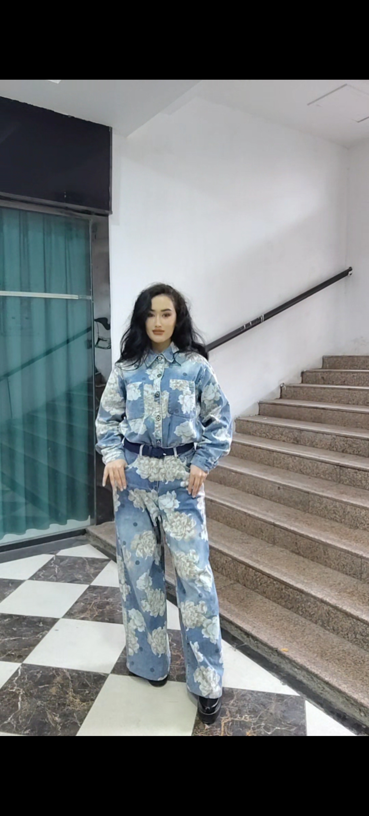 yegleh 中式牡丹印花牛仔阔腿裤衬衫设计感宽松舒适春夏穿搭