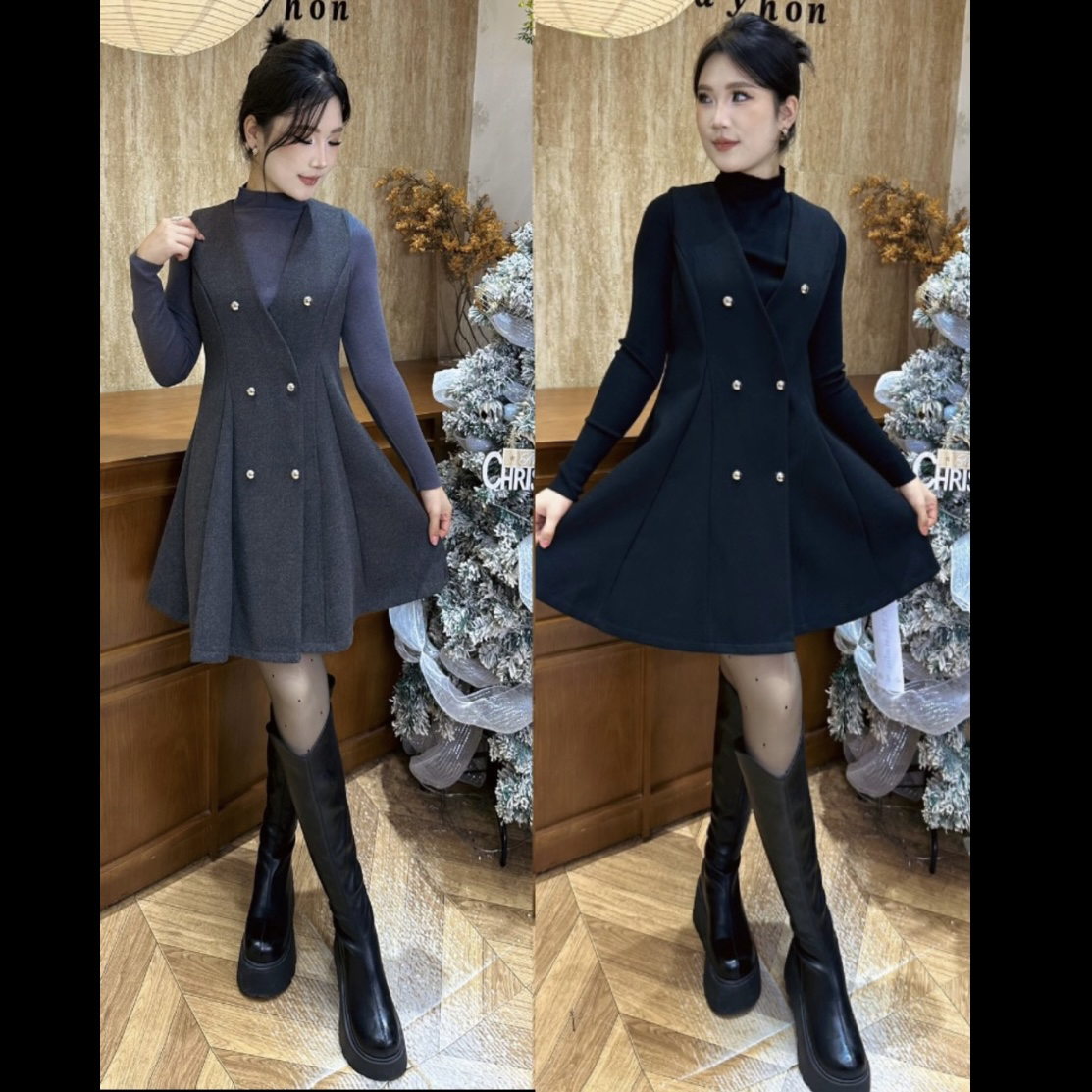 LA 新款两件套法式气质半高领打底衫搭配收腰显瘦背心裙洋气减龄