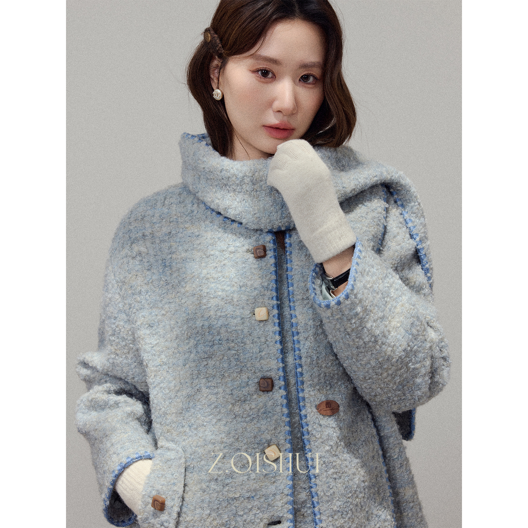 张汽水秋冬宽松小香风百搭时尚翻领毛呢蓝色短外套Z18819