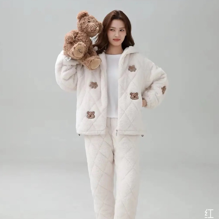冬季加厚珊瑚绒睡衣女可爱风保暖舒适韩版学生家居服套装可外穿