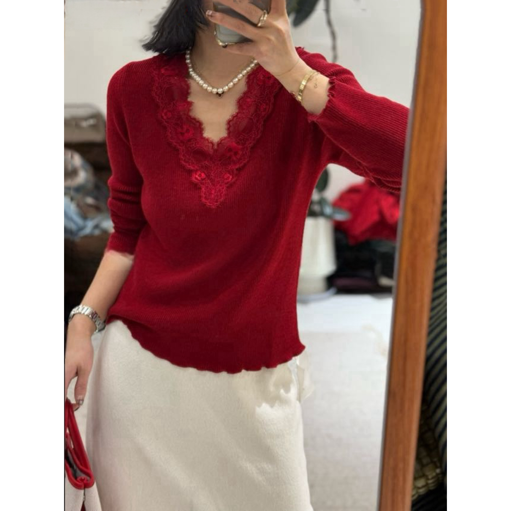 【时尚简约蕾丝拼接针织衫】法式气质优雅百搭纯色打底衫长袖上衣女