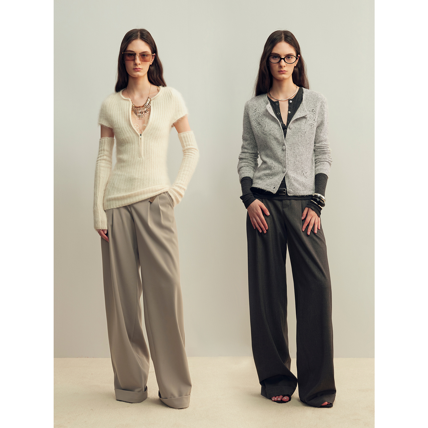 付智恩 通勤日记 奢感垂坠面料拼接柔韧亲肤低腰打褶阔腿西裤