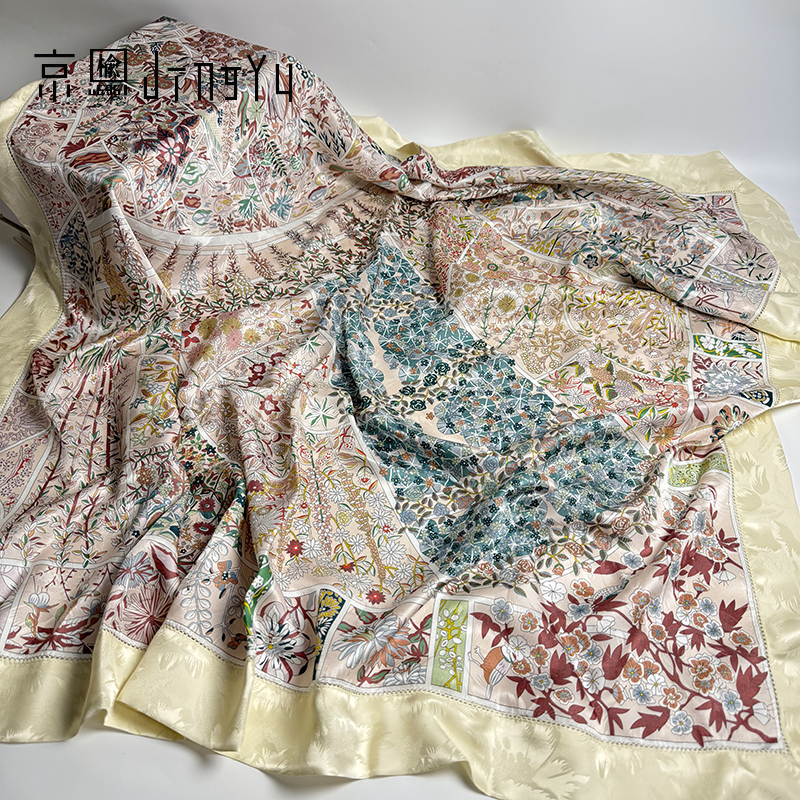京榆 丨莫奈花园丨双面100%桑蚕丝20姆米花萝扣丝边丝巾100*100cm