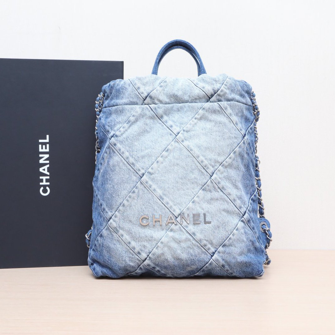 99新 Chanel/香奈儿 小花双双 22Bag 双肩包 小号 牛仔蓝 芯片开