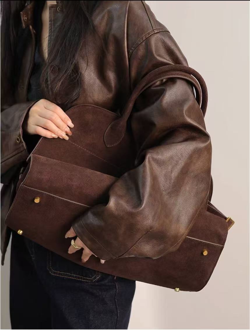 【京盛高定】2024新款秋冬爆款托特包奢侈棕色复古轻奢时尚真皮简约