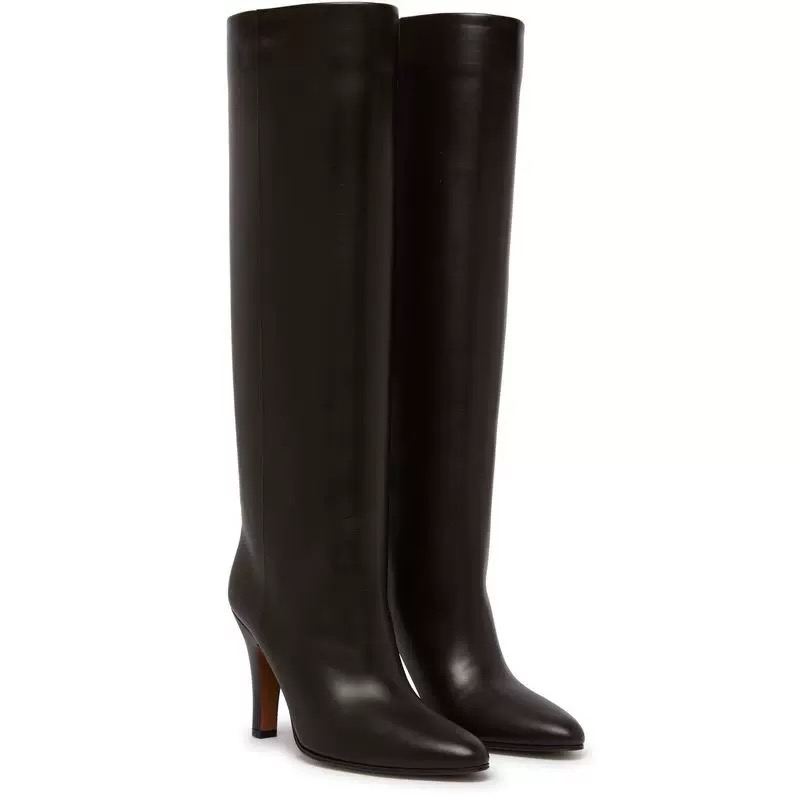 POMORROW旗舰店直筒靴女小牛皮不过膝套筒高筒靴时髦尖头长筒靴