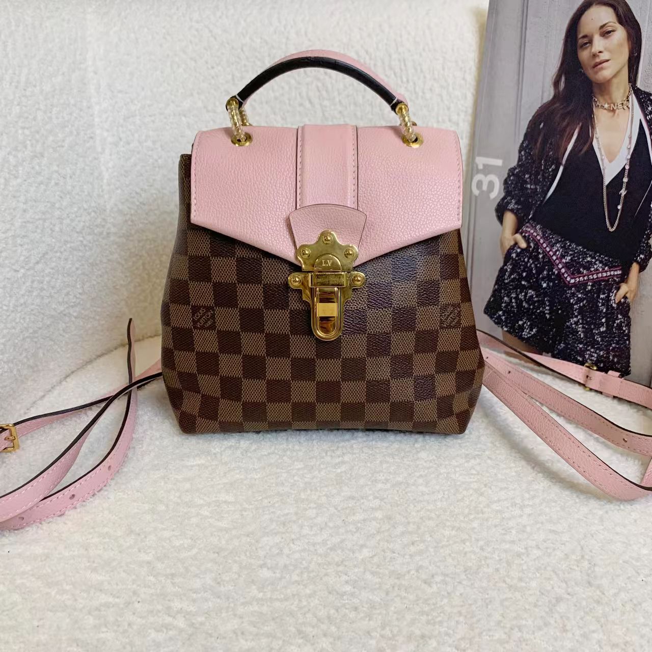 99新 LouisVuitton/路易威登 壹臻/棕棋盘格拼粉双肩包64188771