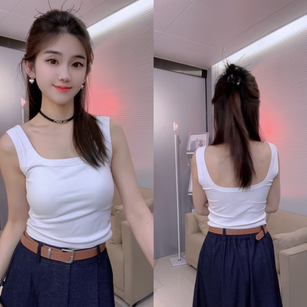 感U领工字吊带背心女夏季遮副乳外穿修身短款无袖打底衫上衣