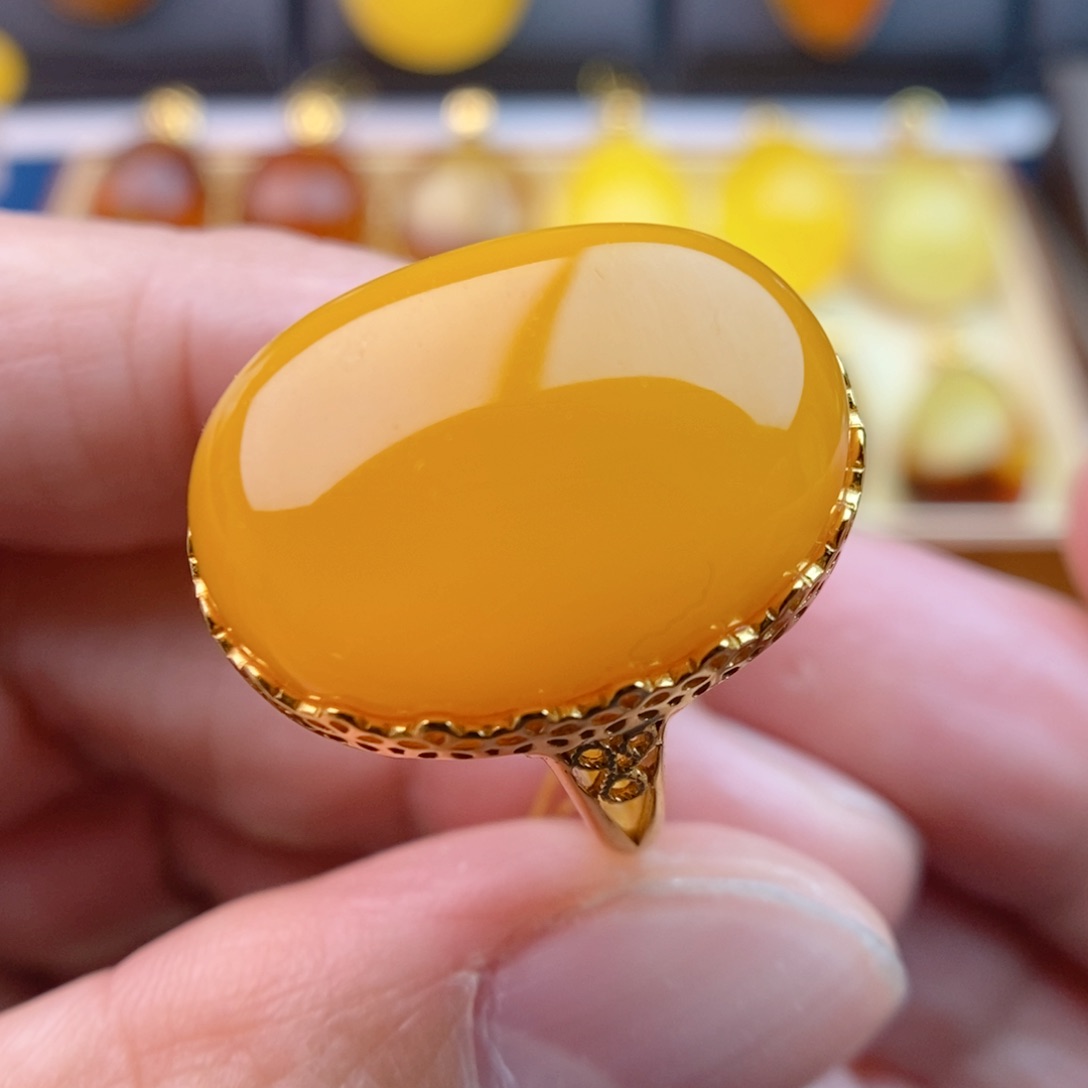 琥珀戒指银S925镀金镶嵌