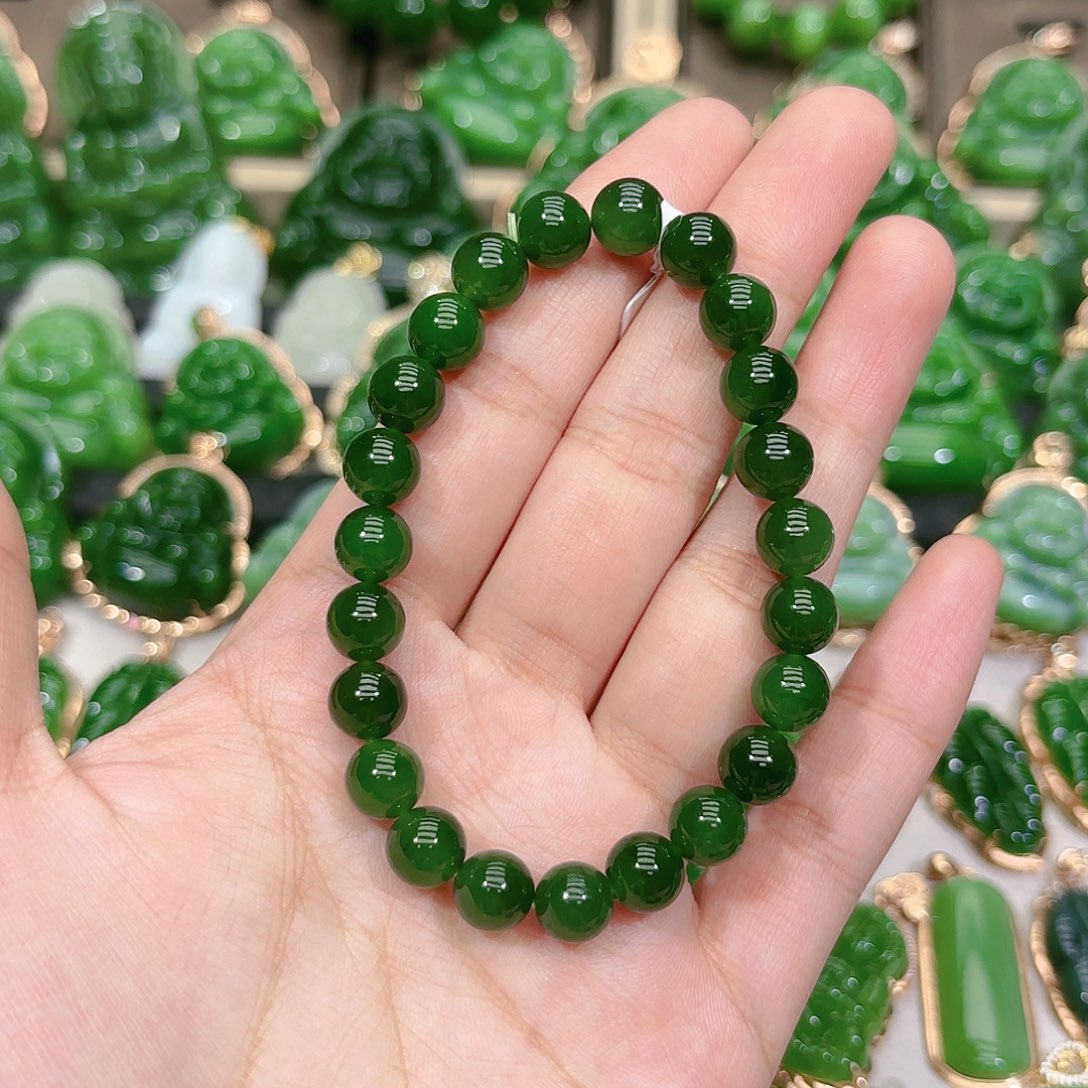 和田玉（碧玉）手串未镶嵌8m菠菜绿单圈