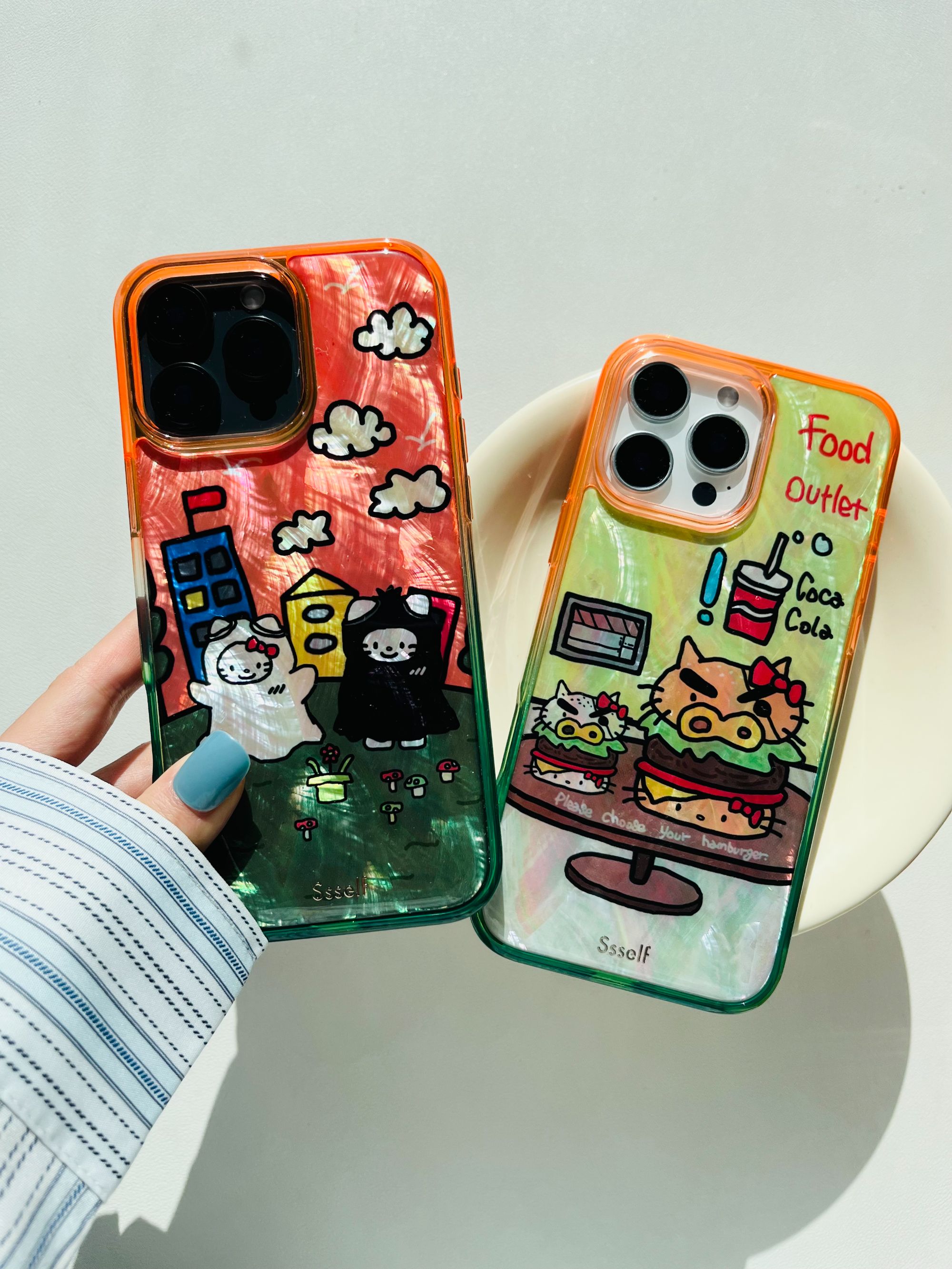ssself彩色边框深海天然贝母手机壳适用苹果17promax可爱汉堡包