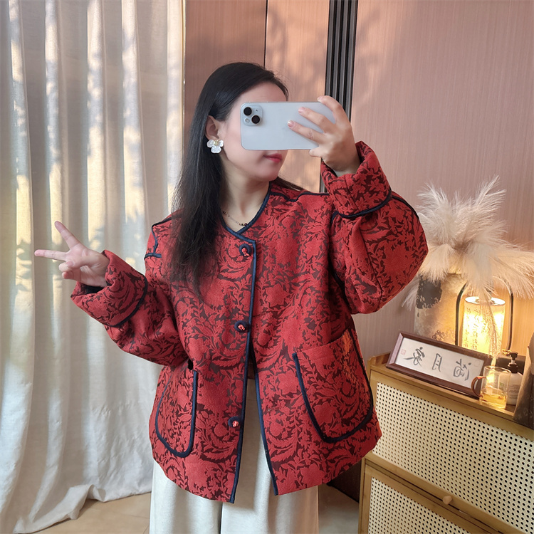 【浮雕红韵】新中式羊毛呢雪尼尔手工扣浮雕花加棉加厚抗风保暖棉衣