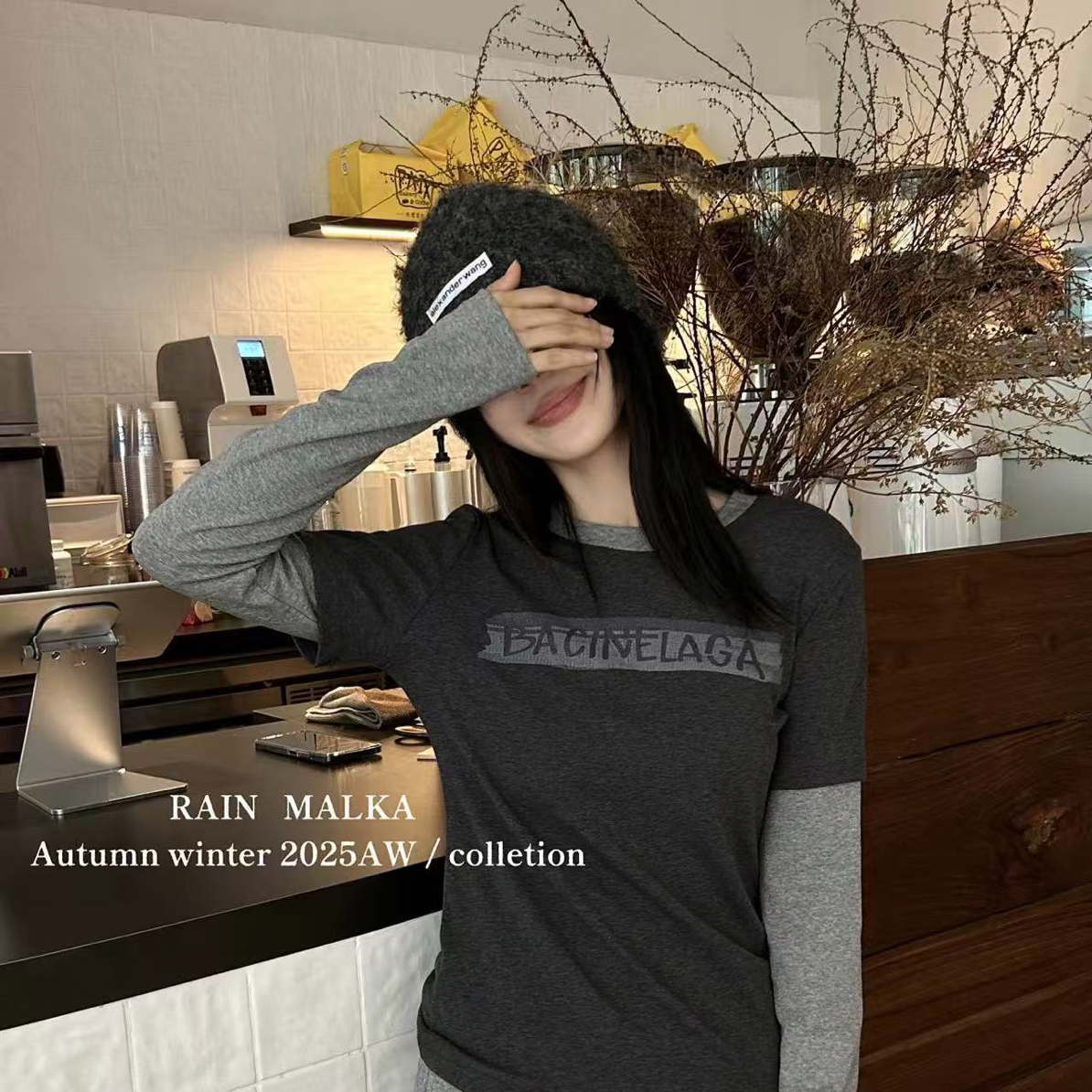 83296#秋冬新款美式字母印花长袖假两件T恤