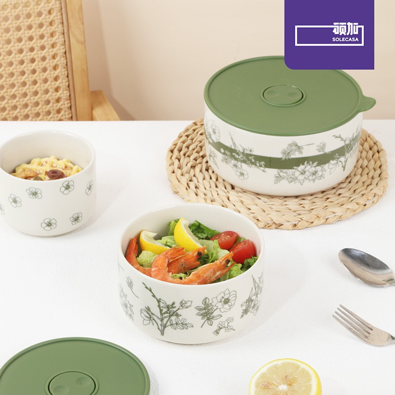 顺祥【绿意时光】陶瓷保鲜碗家用带盖密封面碗高颜值微波炉打包盒