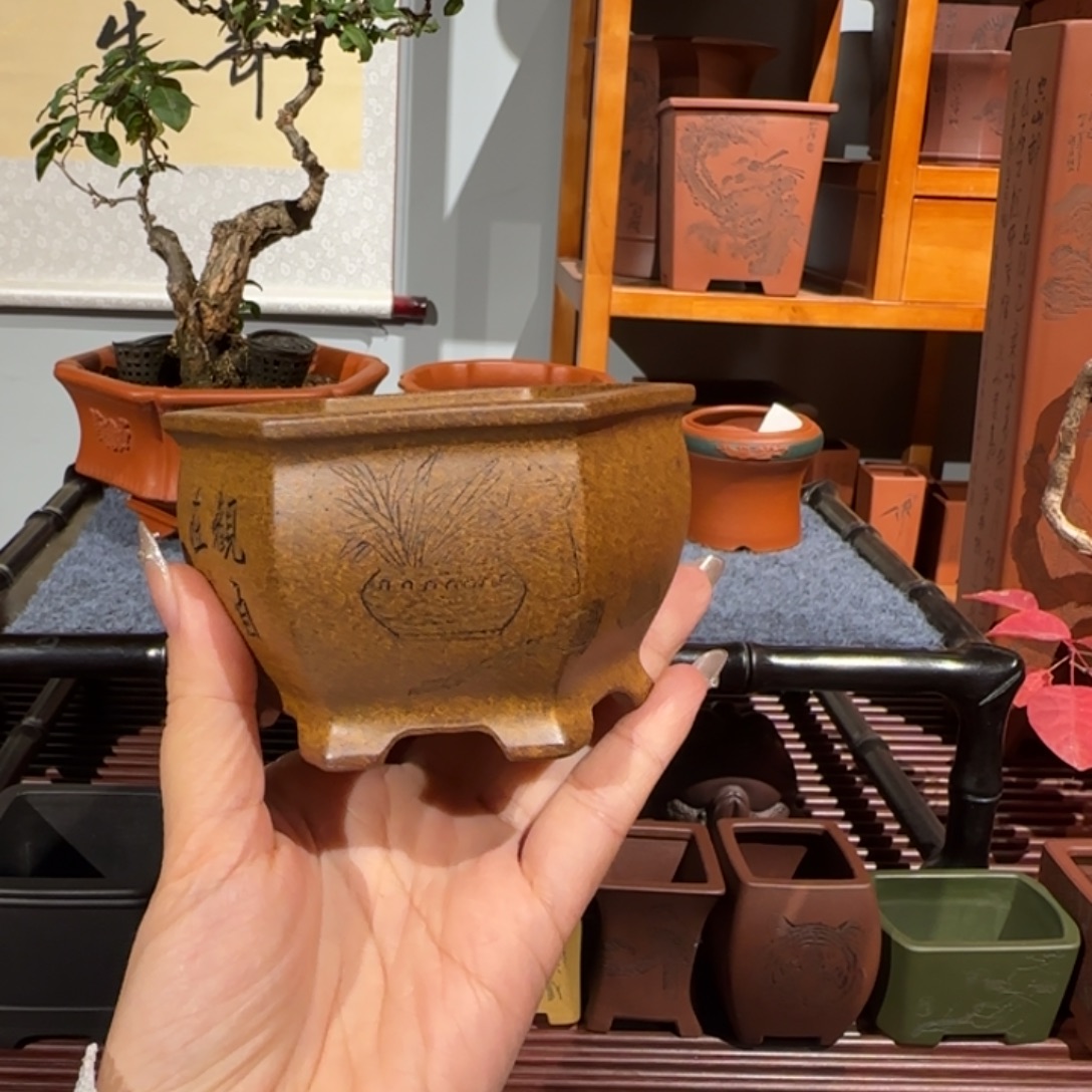 然***.紫砂花盆全手工刻绘