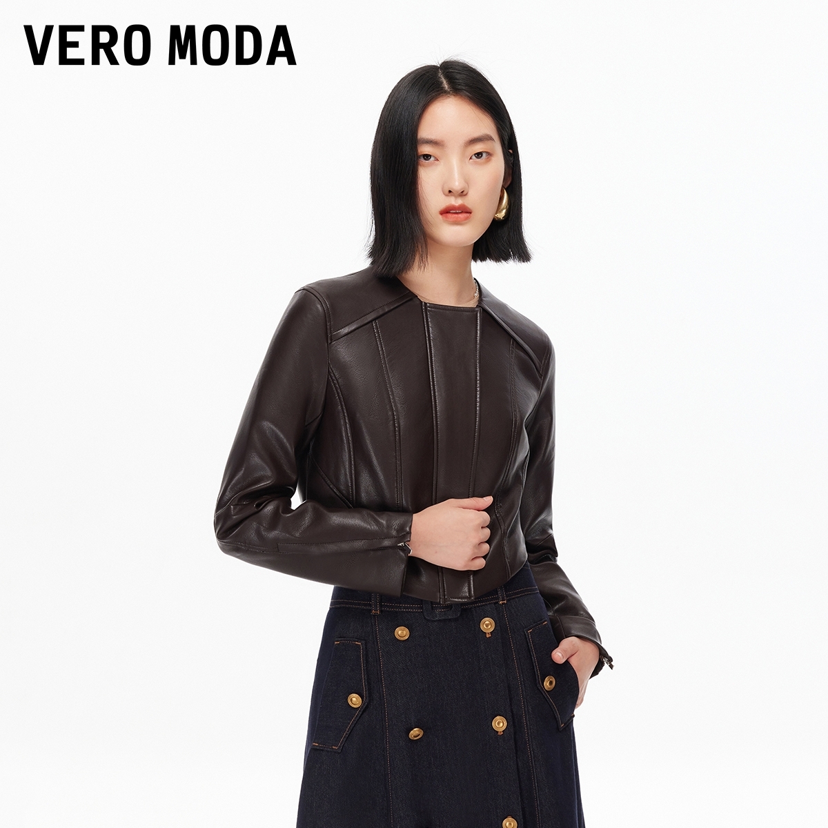 Vero Moda外套2025冬季新款圆领双层拉链短款PU夹克出游服装女款