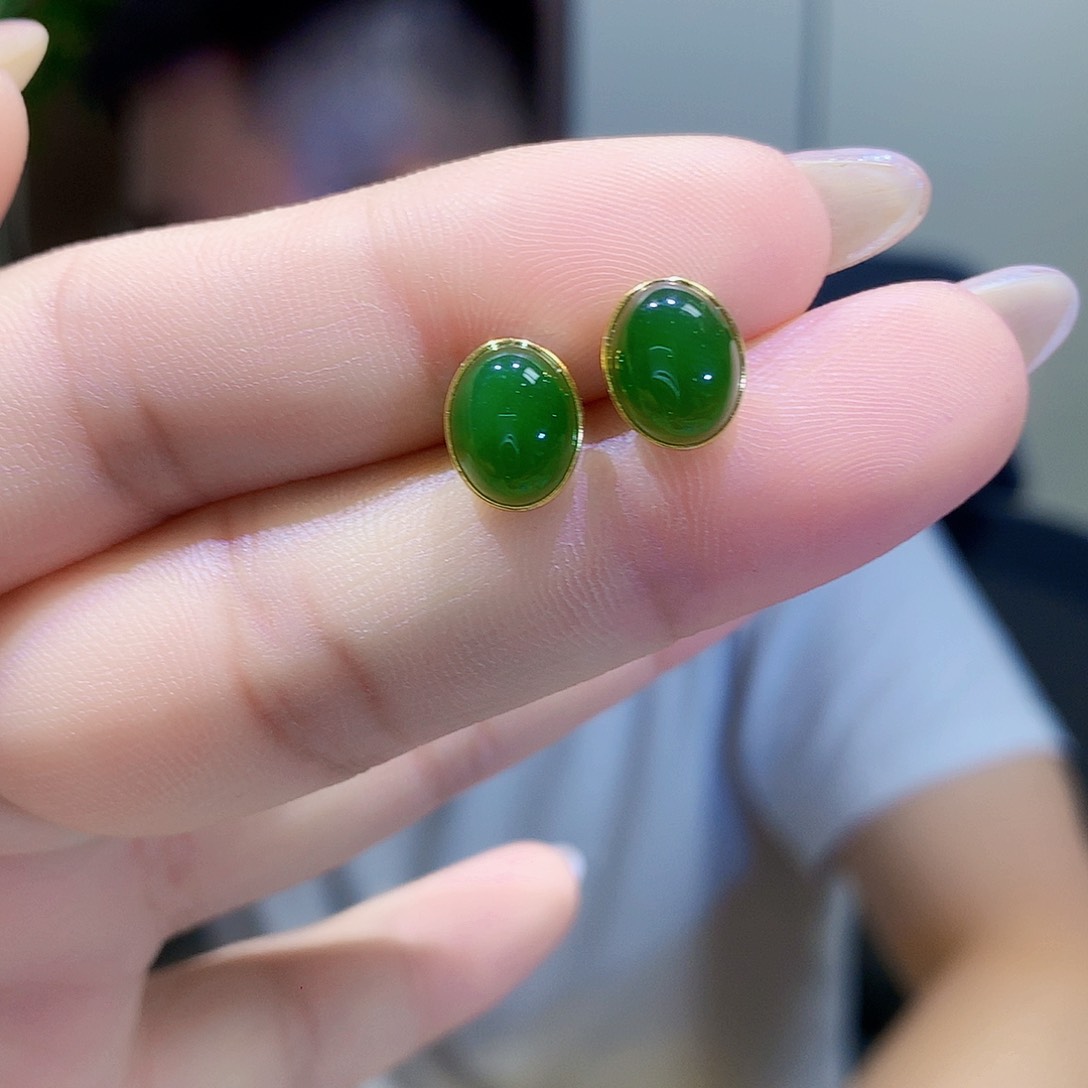 和田玉（碧玉）银S925镀金镶嵌耳饰
