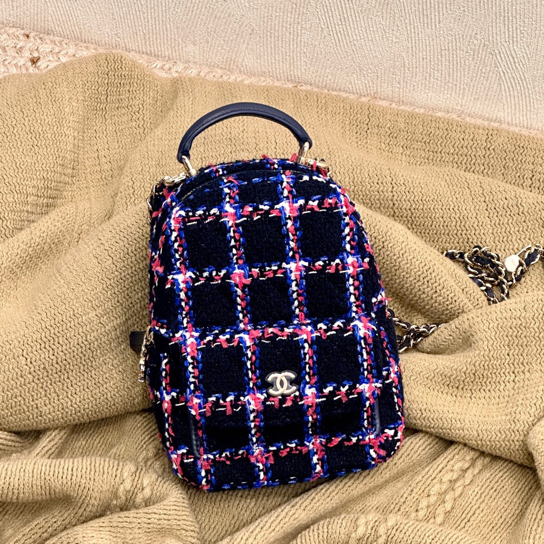 99新 Chanel/香奈儿 24P 毛呢拼色小书包双肩包